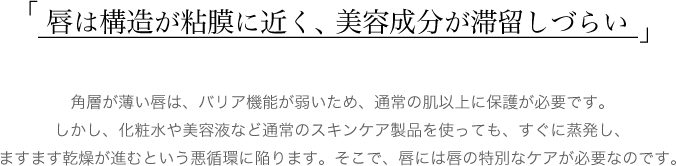 角層が薄い唇は、バリア機能が弱いため、通常の肌以上に保護が必要です。しかし、化粧水や美容液など通常のスキンケア製品を使っても、すぐに蒸発し、ますます乾燥が進むという悪循環に陥ります。そこで、唇には唇の特別なケアが必要なのです。