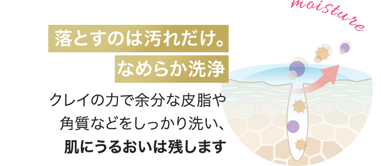 落とすのは汚れだけ。なめらか洗浄 クレイの力で余分な皮脂や角質などをしっかり洗い、肌にうるおいは残します