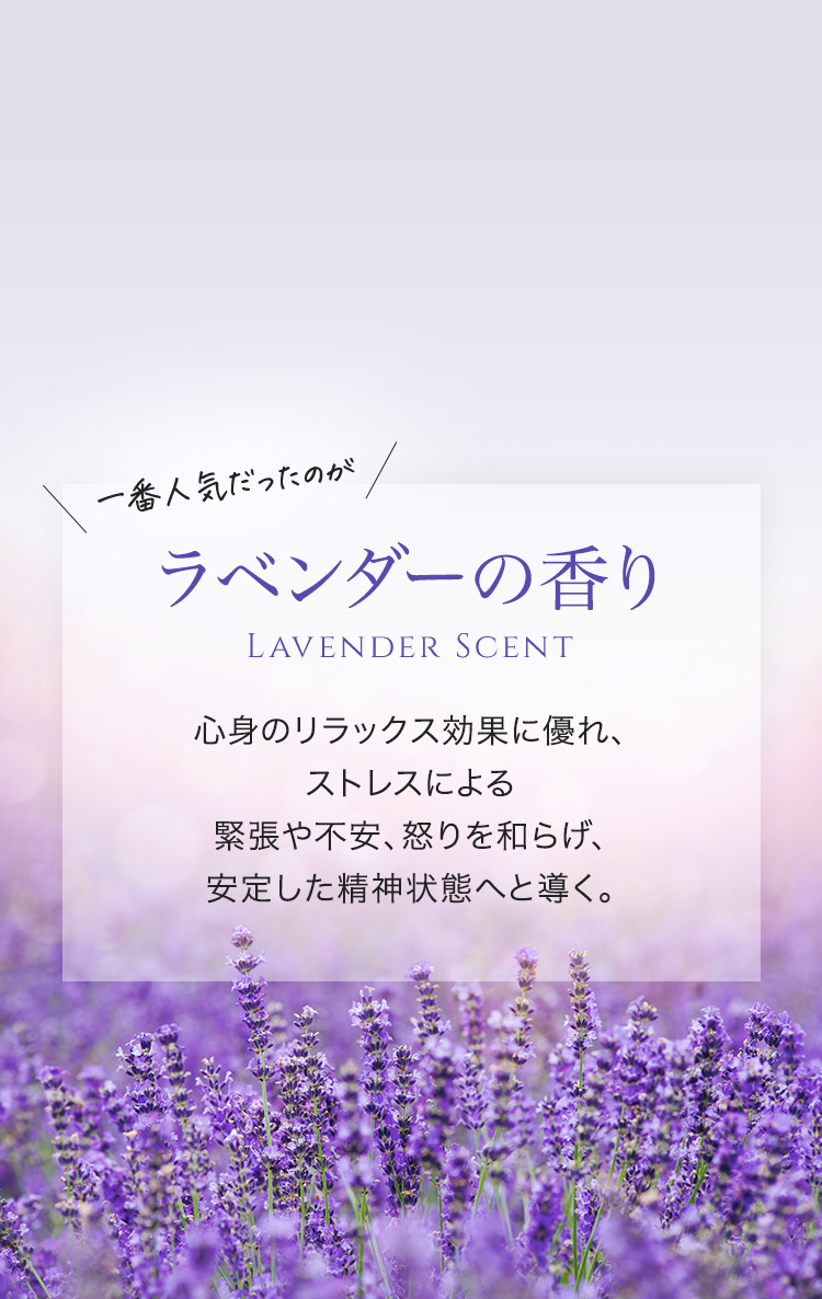 一番人気だったのがラベンダーの香り 心身のリラックス効果に優れ、ストレスによる緊張や不安、怒りを和らげ、安定した精神状態へと導く。